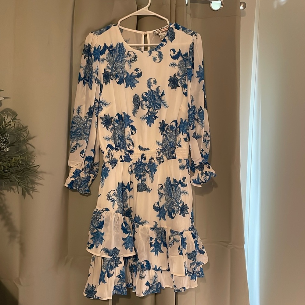 White and blue floral long sleeve dress